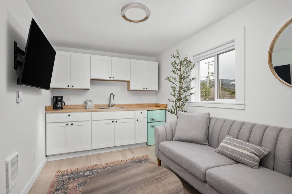 The image showcases a modern, inviting living space with a cozy sofa, a sleek kitchen counter perfect for sharing meals or morning coffee, vibrant green plants adding a fresh touch, a stylish round mirror reflecting natural light, and a TV for relaxing evenings indoors. The overall atmosphere is comfortable and welcoming, with clear cues for both relaxation and easy entertaining.